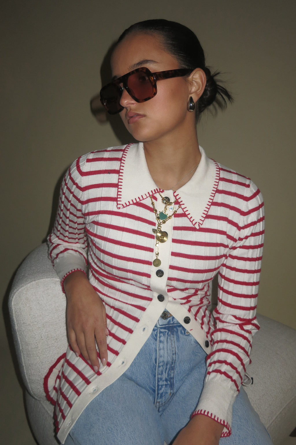 ONLINE ONLY | Contrast Stitch Cardigan - Cream + Red