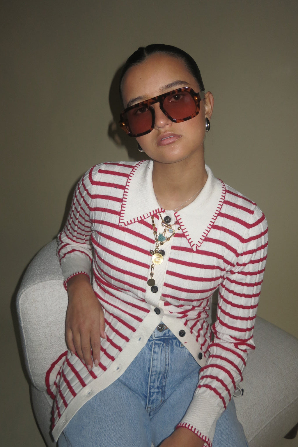 ONLINE ONLY | Contrast Stitch Cardigan - Cream + Red